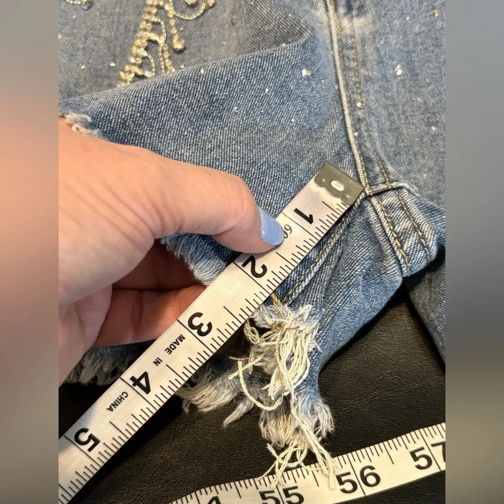 Rhinestone Fringe High-Rise Denim Shorts - Blue size Medium NWT